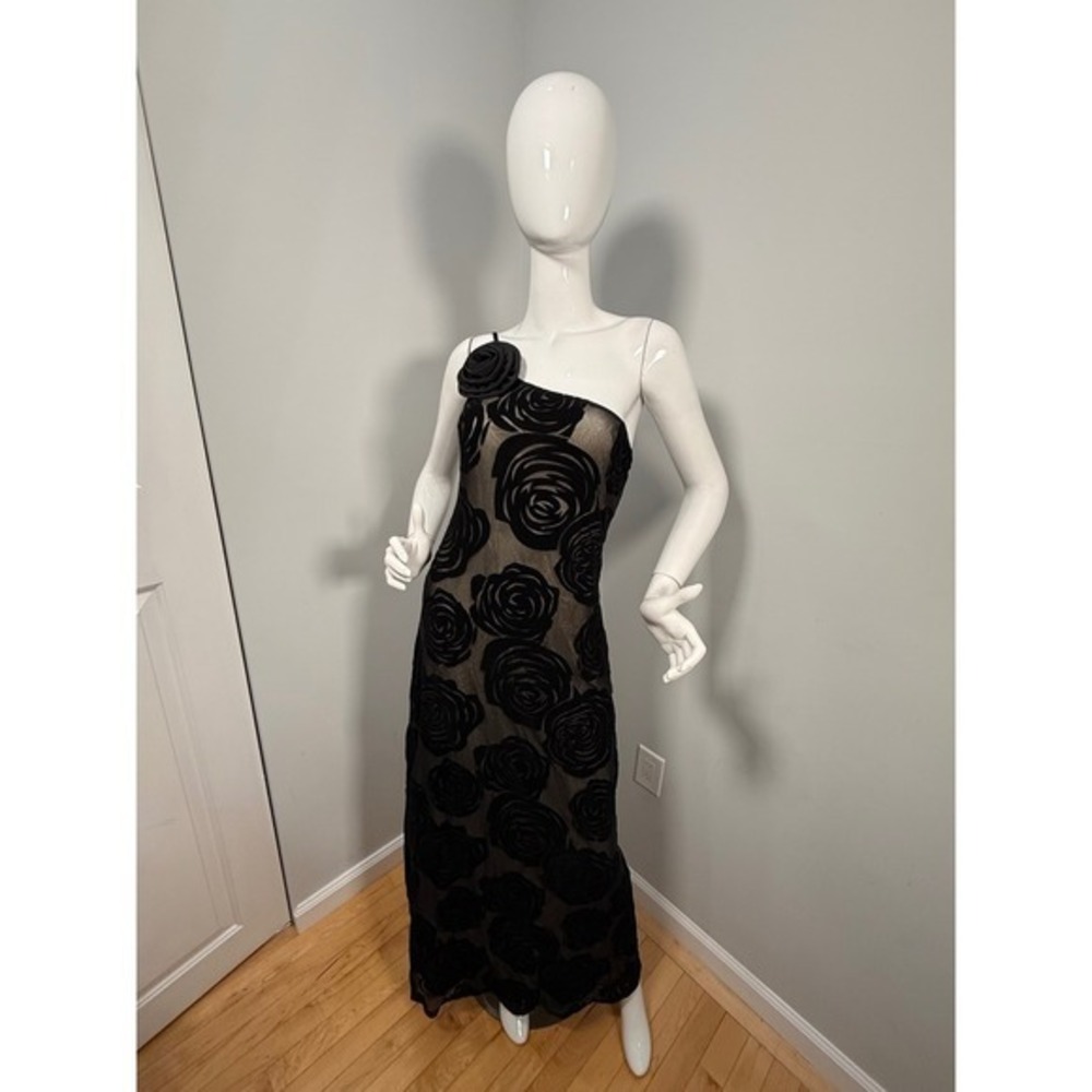 COMMENSE Jacquard Floral Asymmetrical Black Maxi Dress 3D Rose Evening Gown M - Picture 11 of 15